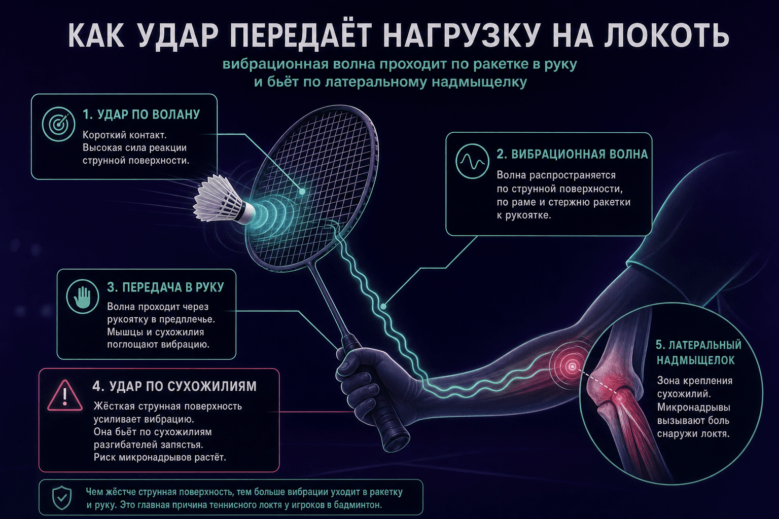 Схема: удар по волану, вибрационная волна проходит по ракетке в руку, выделен латеральный надмыщелок с зоной микронадрывов